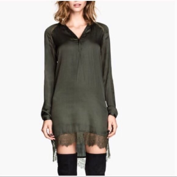 ✨HP✨H&M Silky Olive Green Lace Trim Tunic Dress✨ - Picture 1 of 7